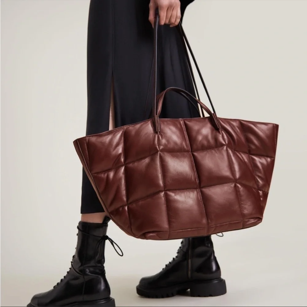 AllSaints Quilted Leather Tote in Deep Brown